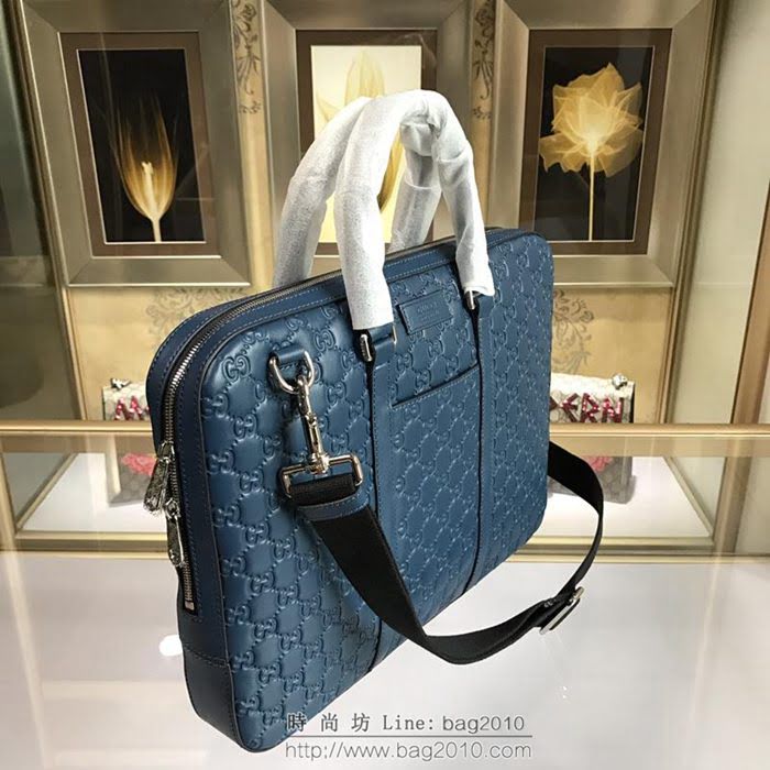 GUCCI 古馳男包 新款 451169 藍色 牛皮壓花 男士公事包 Gucci男手提包